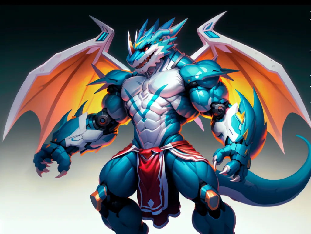 The image is a muscular, bipedal dragon with blue and orange scales. The dragon is wearing a red loincloth and has a metallic plate on its chest. It has large, muscular arms and legs, and its wings are folded behind its back. The dragon's head is long and snout-like, with a pair of horns protruding from the back of its skull. Its eyes are yellow and its teeth are sharp. The dragon is standing in a powerful pose, with its legs shoulder-width apart and its arms outstretched. It looks like it is ready to attack.