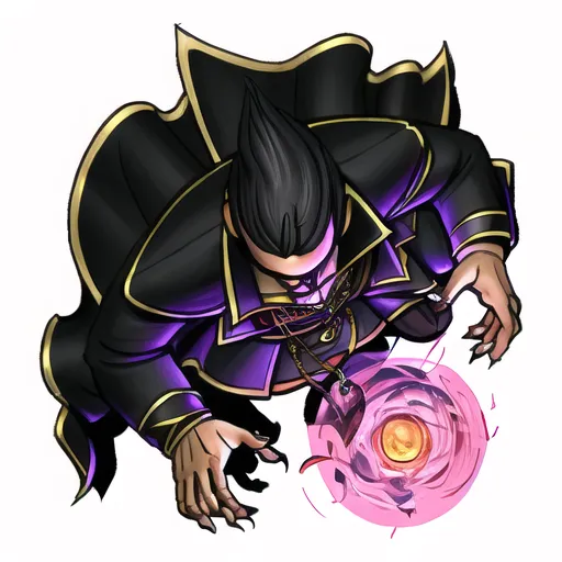 The image is of a man with long black hair, wearing a purple and black outfit. He is surrounded by a dark aura and has a glowing pink orb in front of him. The man is standing in a dark void with a purple background.