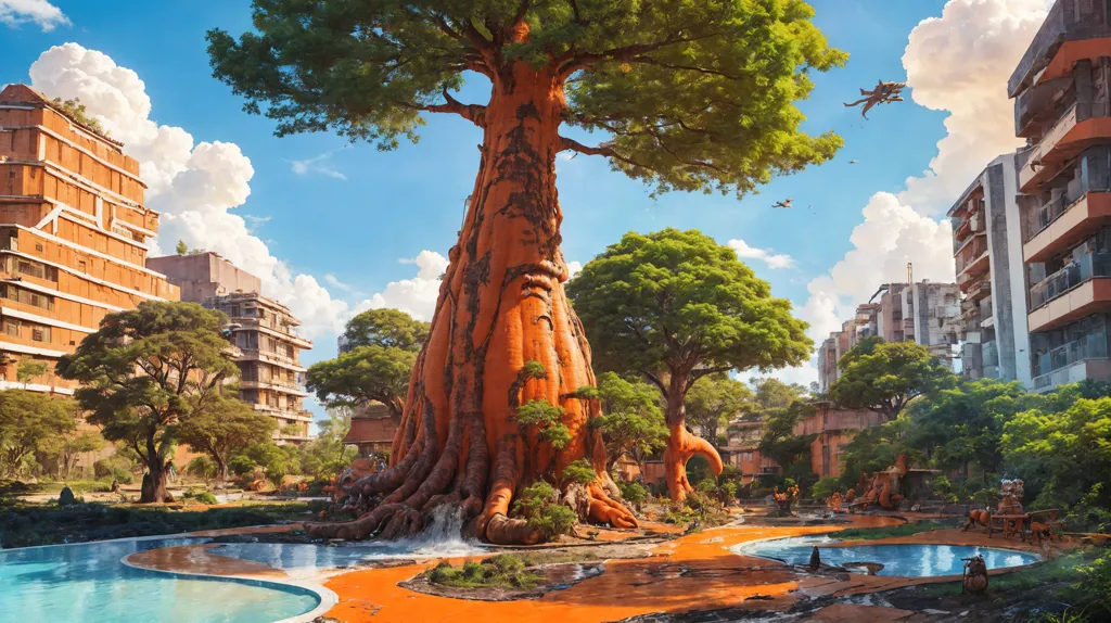 L'image est située dans une ville, avec de grands bâtiments et beaucoup de verdure. Il y a un grand arbre au centre de l'image, avec un visage sculpté dans son tronc. L'arbre est entouré d'eau, avec deux bassins de chaque côté. Il y a des plantes et des arbres tout autour, et le soleil brille brillamment. Il y a quelques personnes qui se promènent, profitant du paysage. L'image est très paisible et relaxante.