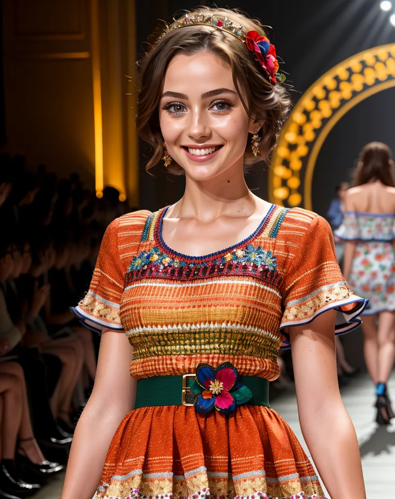 Cette image montre une jeune femme, aux cheveux bruns et aux yeux bleus, portant une robe orange avec une broderie colorée et une ceinture verte avec une boucle en forme de fleur. Elle porte également un large accessoire pour les cheveux avec des fleurs. L'arrière-plan est flou avec un projecteur éclairant la femme.