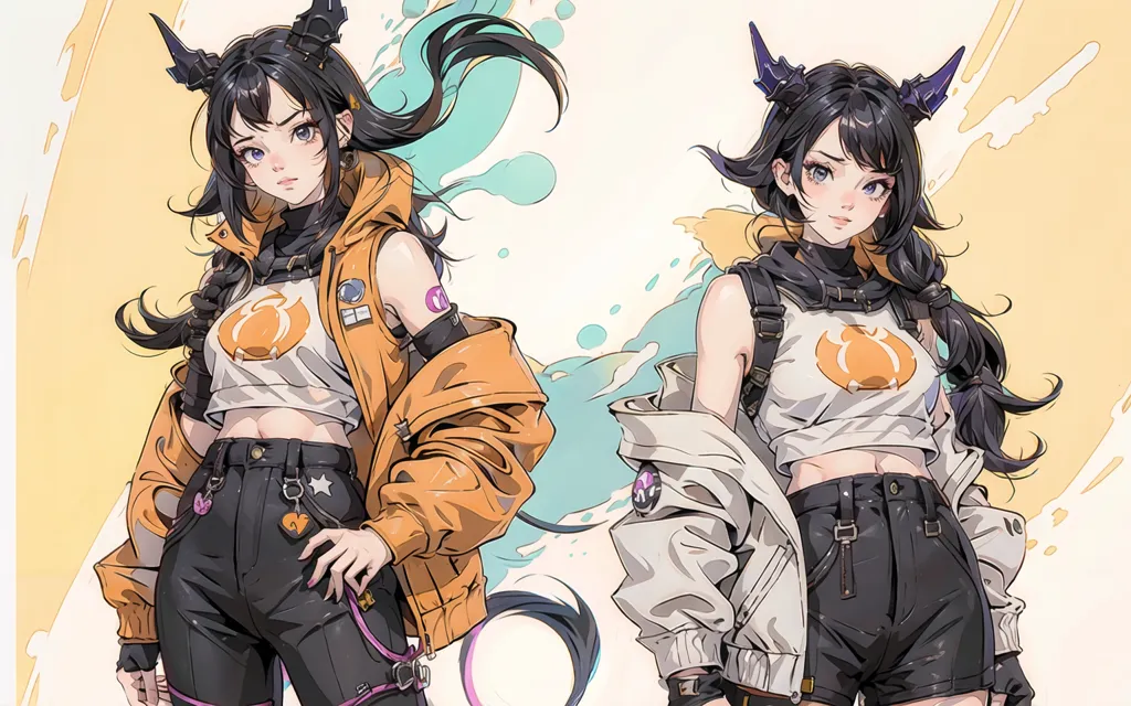 The image shows two anime-style girls with black hair and purple eyes. They are both wearing white shirts, black pants, and orange jackets. The girl on the left has her hair in a ponytail, while the girl on the right has her hair down. They are both standing in front of a white background with yellow and blue accents.