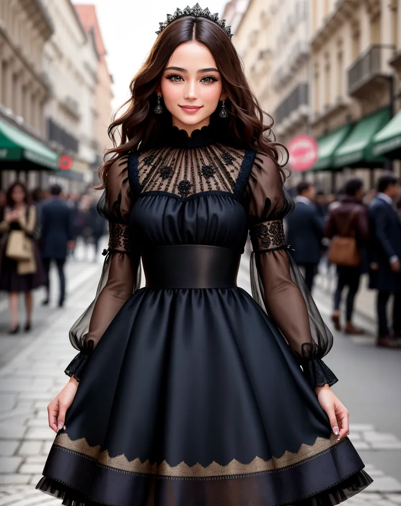 The image shows a young woman wearing a black dress with a high collar and a black belt. The dress has sheer sleeves and a full skirt. The woman is wearing a black crown and has long, wavy brown hair. She is standing in a street with blurred people walking in the background.