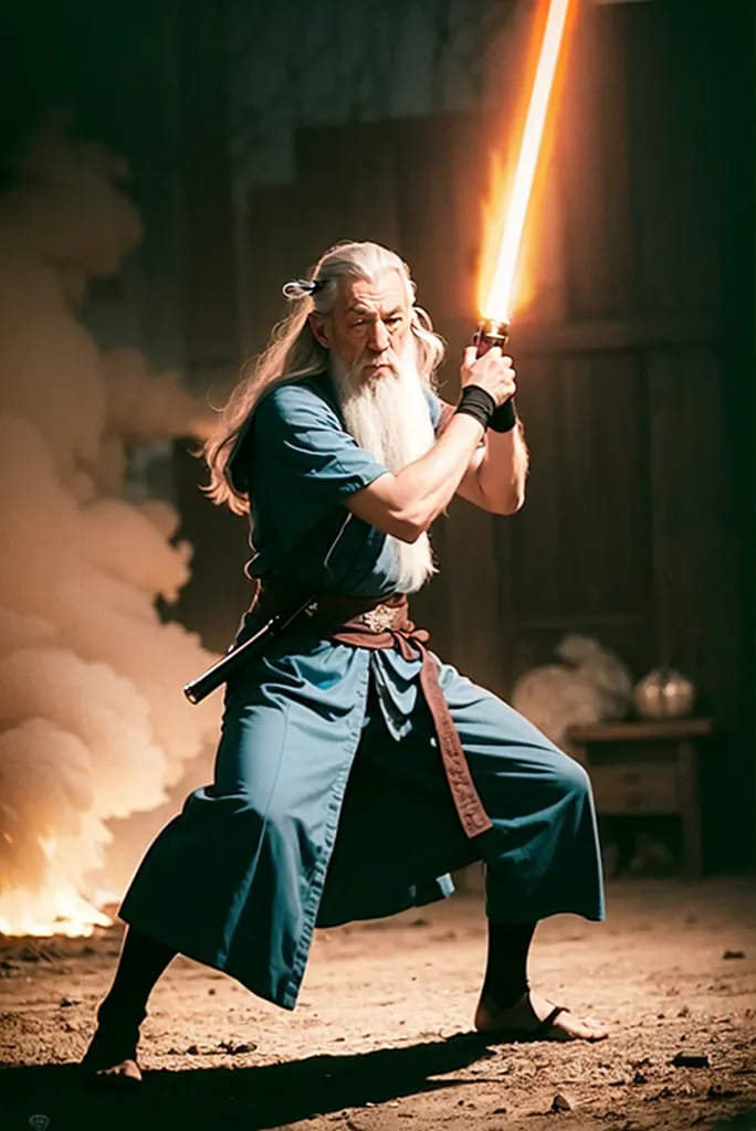 The image shows an old man with long white hair and a beard, dressed in a blue robe, and wielding a lightsaber. He is standing in a fighting stance, with his feet shoulder-width apart and his knees slightly bent. The background is a dark, smoky room.