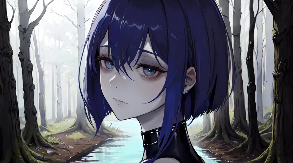 The image is a portrait of a young woman with short blue hair and blue eyes. She is wearing a black choker and a black dress with a white collar. She is standing in a forest, and there is a river in the background. The trees are bare, and the ground is covered in snow. The woman is looking at the viewer with a sad expression on her face.