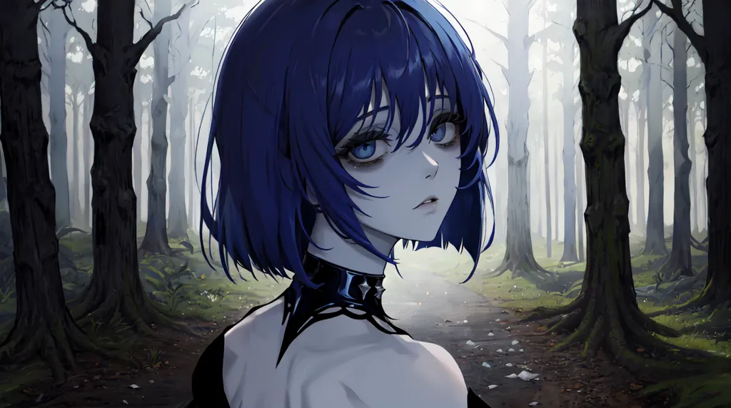 The image is a digital painting of a young woman with short blue hair and dark blue eyes. She is wearing a black choker and a black dress with a white collar. She is standing in a dark forest, surrounded by tall trees. The ground is covered in leaves and branches. The woman's expression is sad and thoughtful. She seems to be lost or alone.