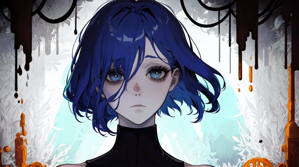 The image is a painting of a young woman with short blue hair and blue eyes. She is wearing a black turtleneck blouse. The background is white with some gray leaf-like shapes. The painting has a soft, ethereal feel to it.