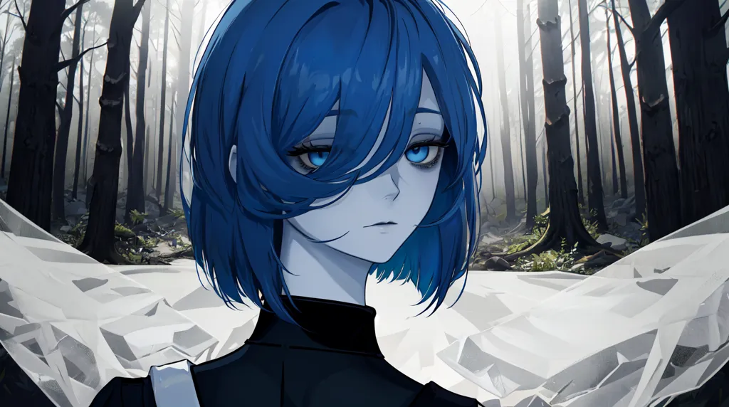 La imagen es una pintura digital de una mujer joven con el cabello corto y azul y ojos azules. Lleva un jersey de cuello alto negro. El fondo es un bosque oscuro. La mujer está de pie en un claro y hay un camino que se adentra en el bosque detrás de ella. La pintura está hecha en un estilo realista y la expresión de la mujer es de tristeza o resignación.