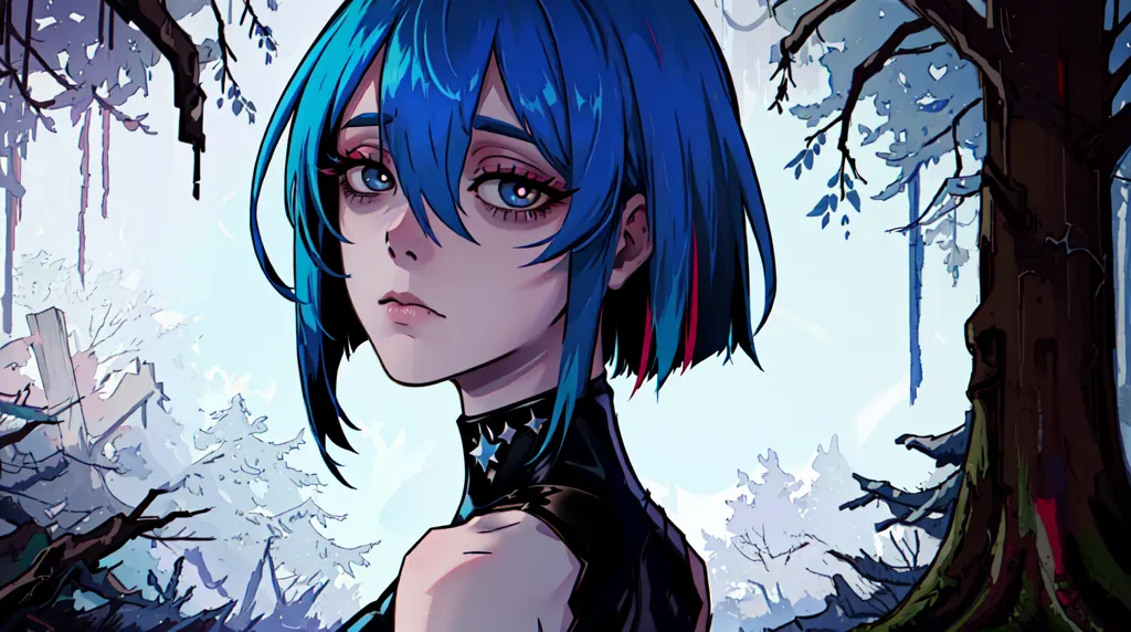 The picture shows a young woman with blue hair and blue eyes. She is wearing a black choker with silver stars and a black outfit with a white collar. The background is a winter forest with snow-covered trees. The woman is looking at the viewer with a serious expression.