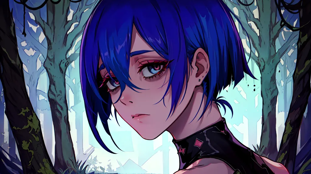 Esta es una imagen de una mujer joven con el cabello azul y ojos rojos. Lleva un collar negro y un atuendo negro y rojo. Está de pie en un bosque, y hay árboles a su alrededor. El fondo es de color azul claro y el primer plano es de color azul oscuro. La expresión de la mujer es seria.