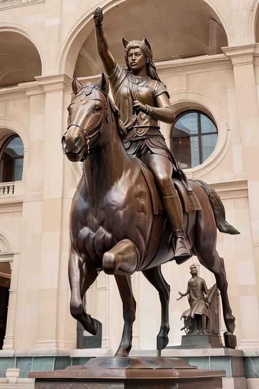 L'image montre une statue de bronze d'une femme montée sur un cheval. La femme porte une tenue de style romain et a le bras droit levé dans les airs. Le cheval se cabre sur ses pattes arrière et a la tête tournée sur le côté. La statue est montée sur un piédestal en marbre.