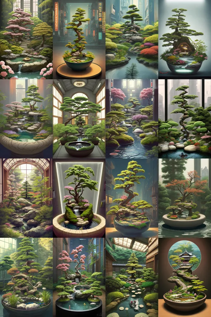 Gambar ini menunjukkan 15 pohon bonsai yang berbeda. Mereka semua berada dalam pot yang berbeda dan memiliki bentuk serta ukuran yang berbeda. Pohon-pohon tersebut sangat detail dan realistis. Gambar-gambar tersebut diatur di lokasi yang berbeda, seperti hutan, taman, dan kuil. Gambar-gambar tersebut sangat tenang dan menenangkan.