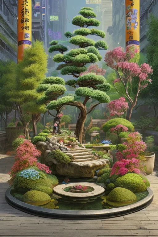 A imagem mostra um belo jardim com uma grande árvore bonsai no centro. A árvore está rodeada por vários arbustos e flores, e há um pequeno lago com uma fonte na frente dela. O jardim é cercado por um muro com um portão ao fundo. Há alguns caracteres chineses no muro. O ambiente geral da imagem é pacífico e sereno.