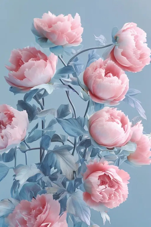 L'image montre des pivoines roses avec des feuilles bleues sur un fond bleu pâle. Les fleurs sont à différents stades de floraison, certains pétales étant encore fermés. Les feuilles sont grandes et ont une couleur bleu-vert. Les tiges sont d'un bleu foncé. L'effet global de l'image est celui de la beauté et de la sérénité.