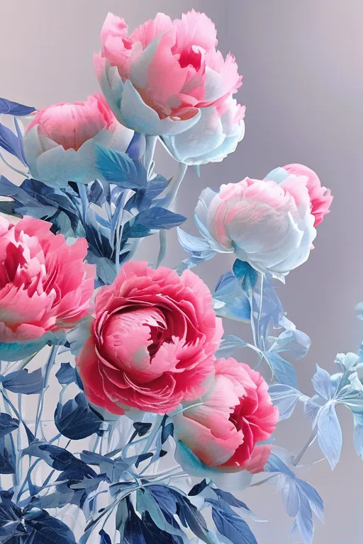 A imagem mostra várias flores de peônia rosa com bordas azuis em um fundo azul claro. As flores estão em diferentes estágios de floração. As pétalas das flores são delicadas e parecem ser um pouco transparentes. As folhas das flores são de uma cor azul escuro com veias azul claro. As flores estão arranjadas em um buquê e parecem estar sentadas em uma superfície. O fundo é de uma cor azul claro e está desfocado.