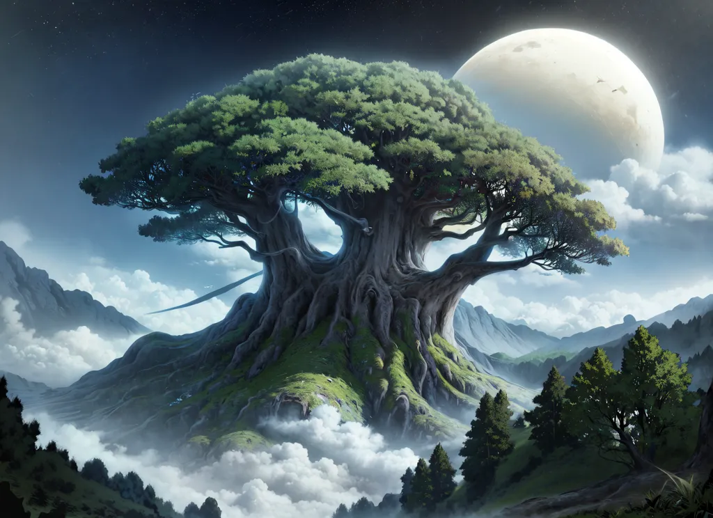 The image is a fantasy landscape. There is a giant tree in the center of the image. The tree has a large, thick trunk and branches that reach out to the sky. The leaves of the tree are a deep green color. There is a large moon in the sky behind the tree. The moon is a pale yellow color and is surrounded by a few clouds. There are mountains in the background of the image. The mountains are covered in snow. There are also some clouds in the sky near the mountains.