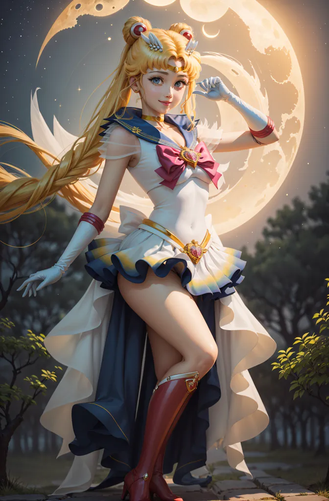 The image is of a young woman standing in front of a full moon. She is wearing a white and blue sailor suit with a red bow and has long blonde hair and blue eyes. She is also wearing red boots and white gloves. The background is a dark blue night sky with stars and trees.