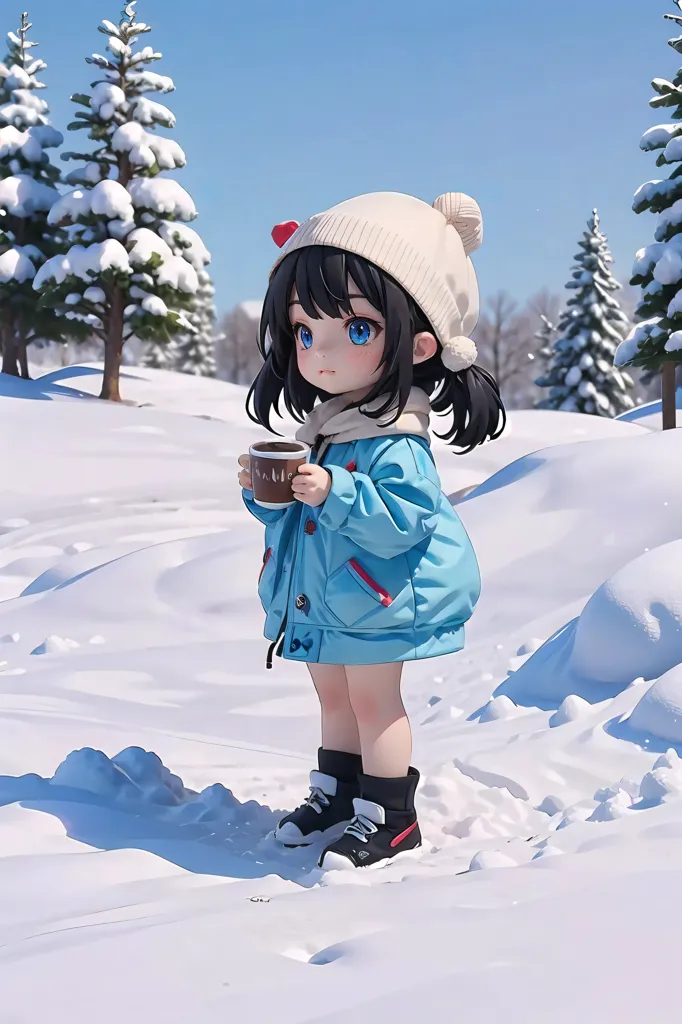 The image shows a little girl standing in the snow. She is wearing a blue and white winter coat, a white hat with a red pom-pom, and black boots. The girl has short black hair and blue eyes. She is holding a brown mug with both hands. There are snow-covered trees in the background. The ground is covered in snow. The sky is blue and it is snowing lightly.