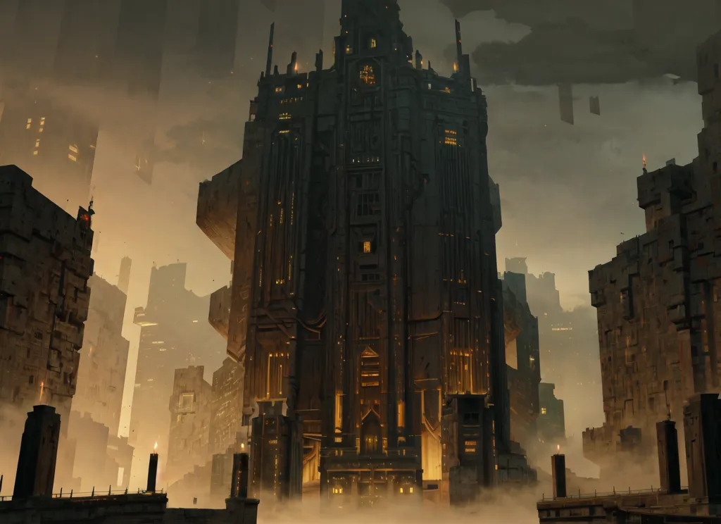 The image is a dark and gloomy cityscape. There are tall buildings with sharp edges and glowing windows. The sky is dark and there are clouds of smoke or fog. The buildings are made of dark materials and there are no trees or other plants to be seen. The overall atmosphere of the image is one of mystery and foreboding.