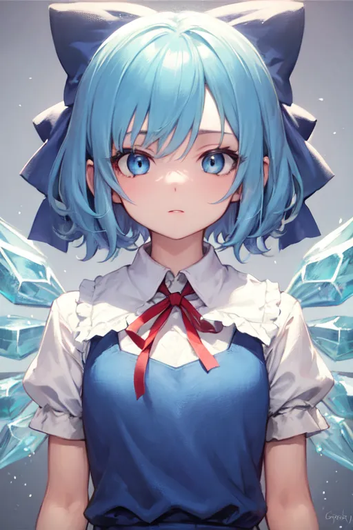 The image is a portrait of a young woman with blue hair and blue eyes. She is wearing a white blouse with a red ribbon and a blue skirt. She has a pair of blue butterfly wings and a red bow in her hair. She is looking at the viewer with a slightly sad expression. The background is white with a gradient to light blue at the top.