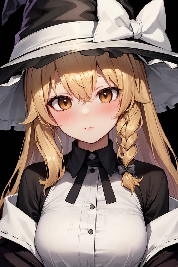 The image is a portrait of a young woman with long blonde hair and yellow eyes. She is wearing a black and white witch hat with a white bow on the front. The hat has a wide brim and is slightly pointed at the top. The woman is wearing a white blouse with a black collar and a black vest. The blouse is buttoned up and has a small white bow at the neck. The woman's hair is braided and tied back with a black ribbon. She has a small blush on her cheeks and her lips are slightly parted. The background is a dark color.