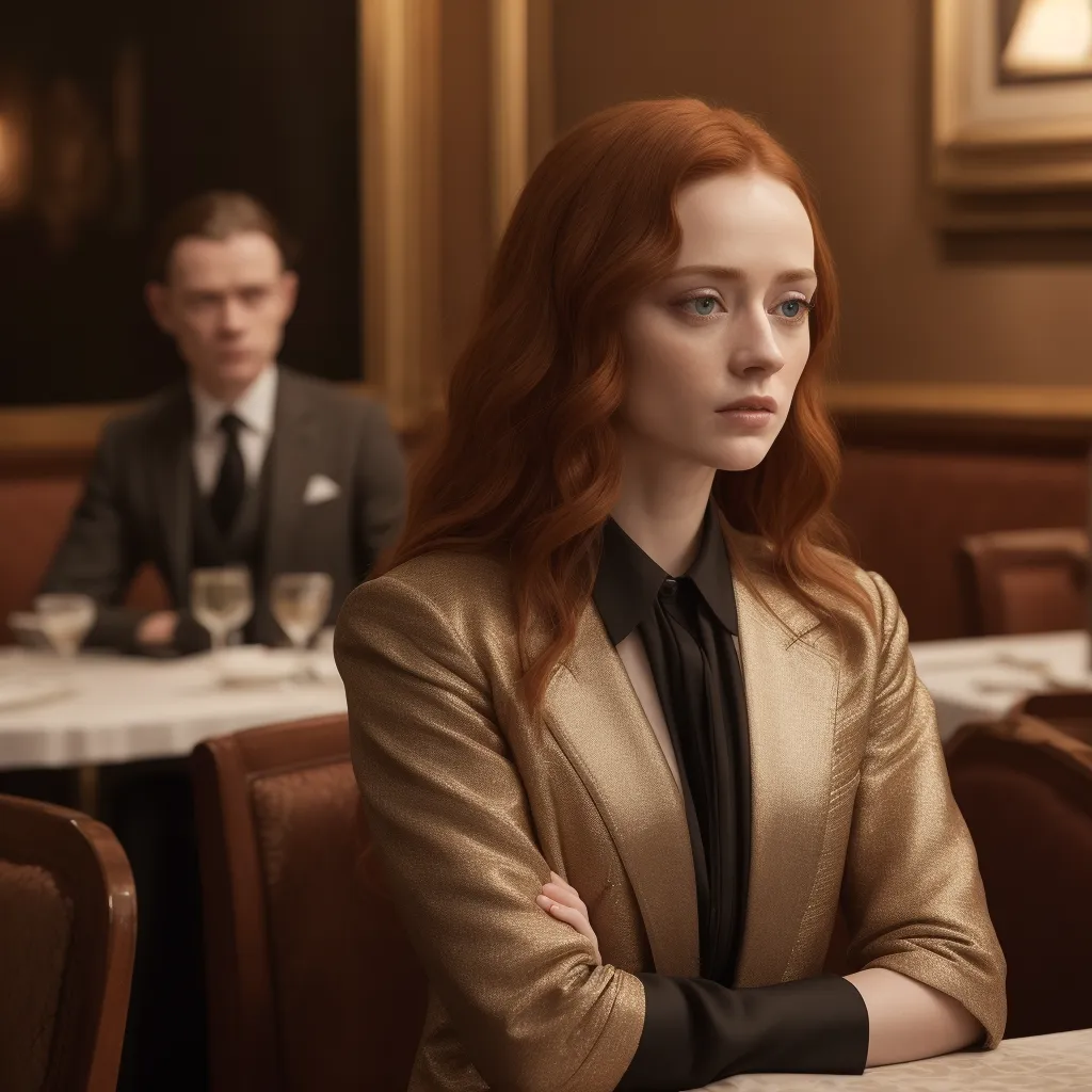 The image shows a woman and a man sitting at a table in a restaurant. The woman is in the foreground and the man is in the background. The woman is wearing a gold suit and the man is wearing a black suit. The woman has long red hair and the man has short dark hair. The woman is looking at the man with a serious expression. The man is looking at the woman with a concerned expression.