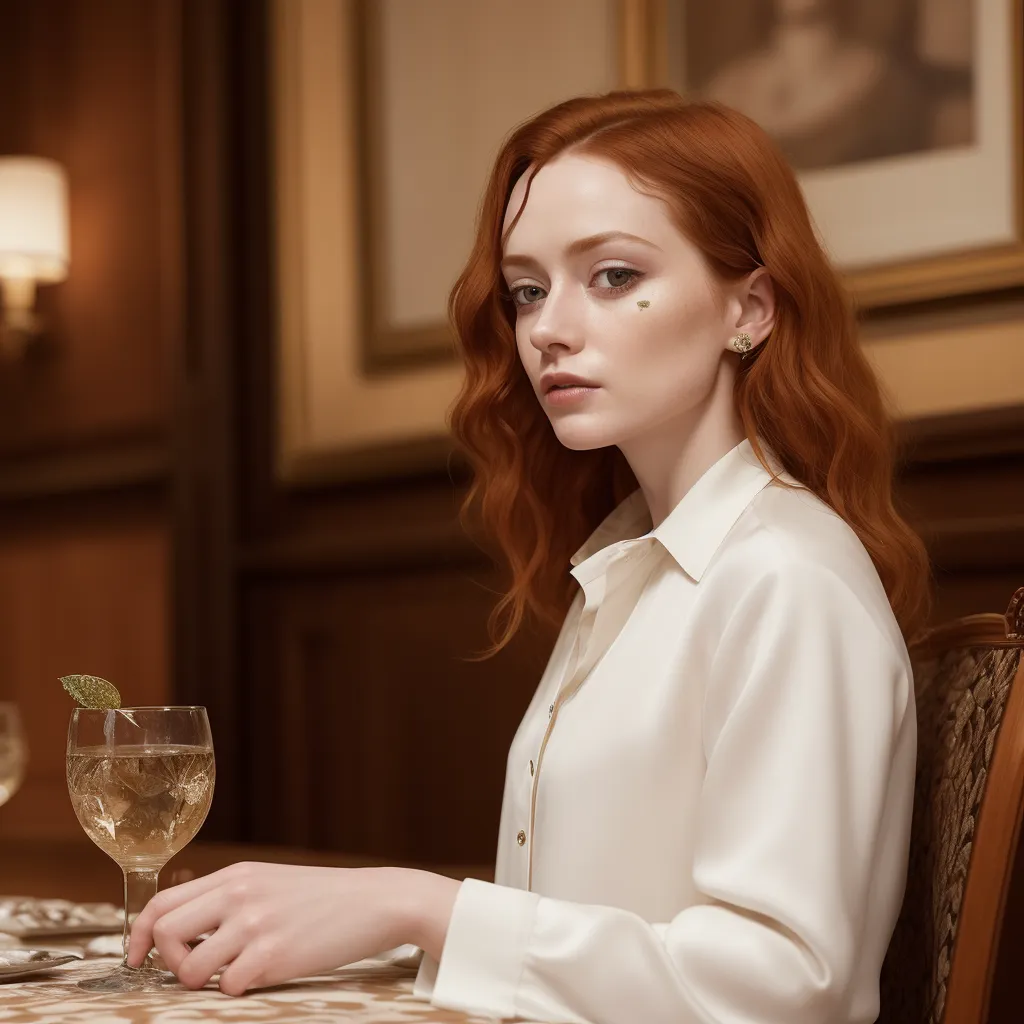 The image shows a young woman with long red hair sitting at a table in a restaurant. She is wearing a white silk blouse and has a glass of champagne in front of her. The woman is looking at the camera with a serious expression. She has a small green leaf on her right cheek. There is a plate on the table. The background is blurry, but it looks like there are paintings on the walls.