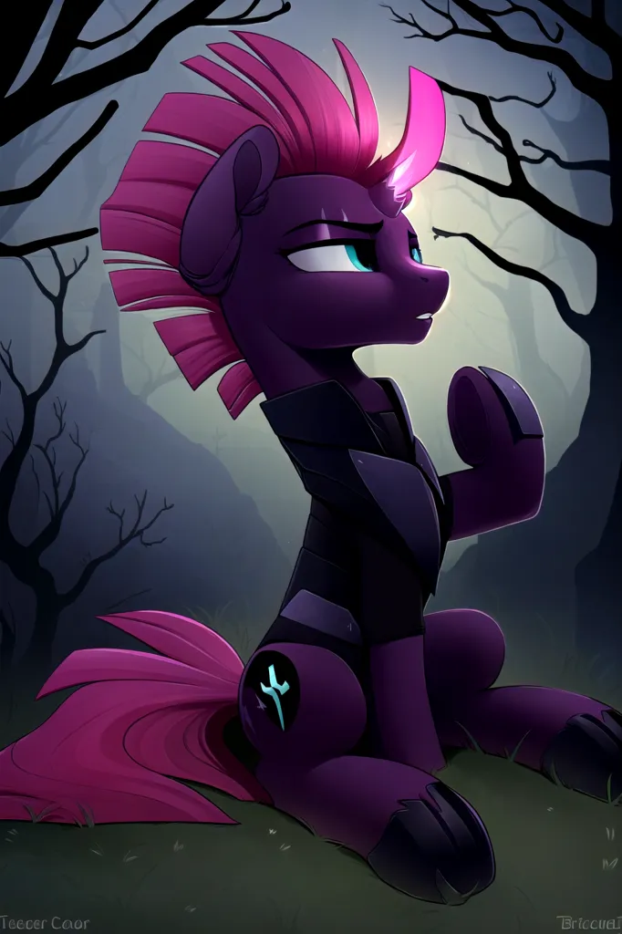 The image shows a pony with a dark purple coat, a pink and purple mane, and blue eyes. She is wearing a black and purple outfit and has a glowing blue horn. She is sitting on the ground in a forest, and there is a full moon in the background.