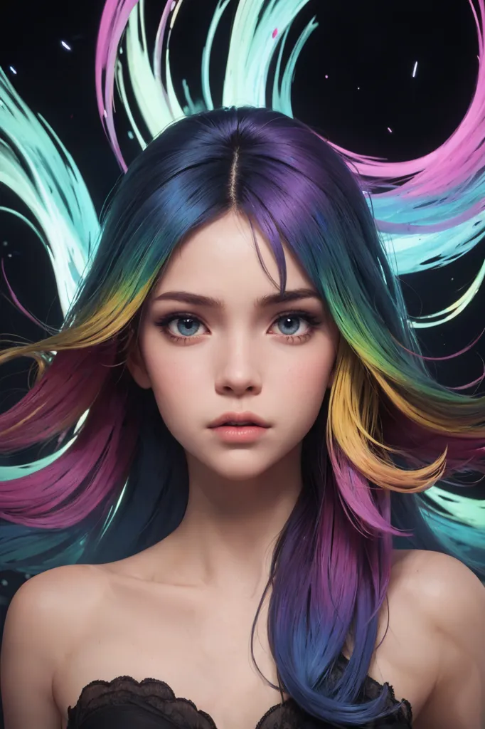 The image is a portrait of a young woman with long, flowing hair. Her hair is a rainbow of colors, with blues, greens, yellows, and purples. Her eyes are a deep blue, and her skin is fair. She is wearing a black dress with a sweetheart neckline. The background is dark, with a few stars scattered around.