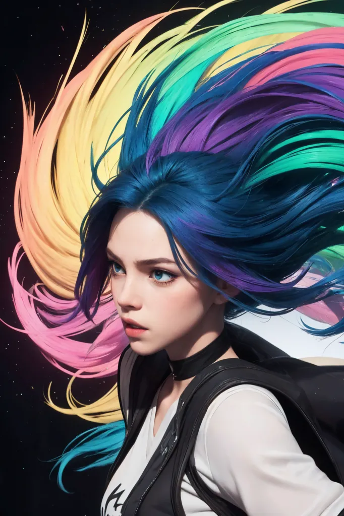 La imagen es un retrato de una mujer joven con el cabello largo y ondulado. El cabello es un arcoíris de colores, con las puntas siendo azul y amarillo y las raíces siendo azul oscuro. Los ojos de la mujer son de un color azul claro y su piel es clara. Ella está usando una camisa blanca y una chaqueta negra. El fondo de la imagen es de color azul oscuro, con algunas estrellas dispersas.