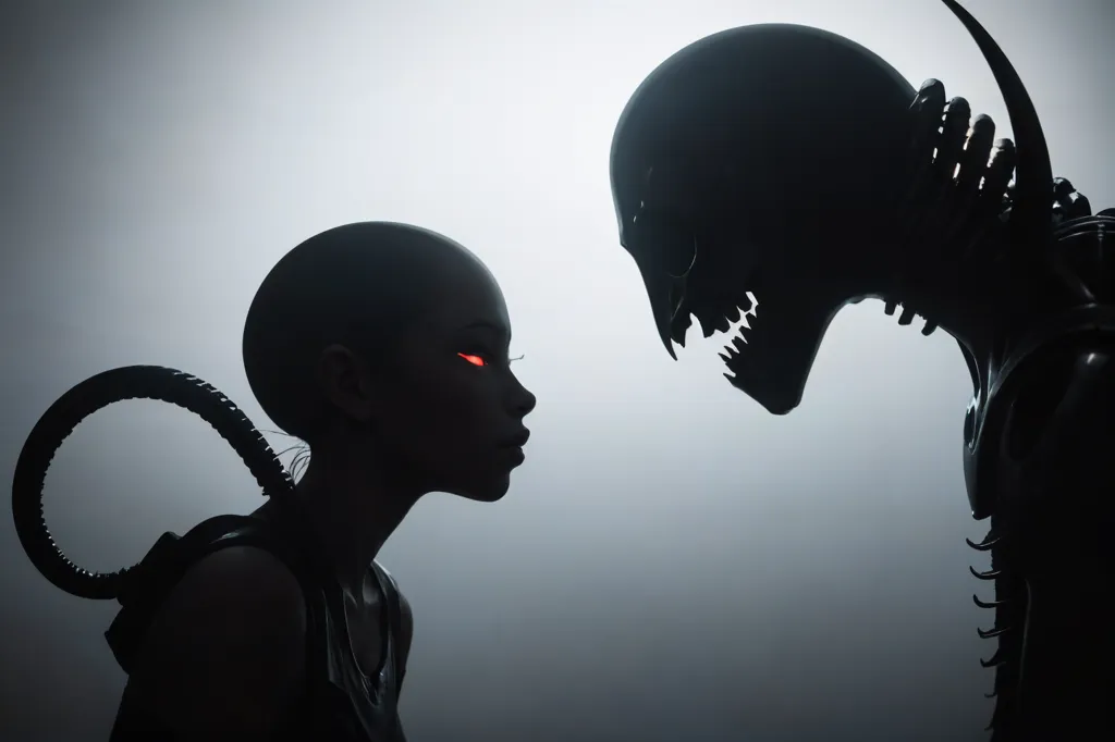 The image is in black and white. There are two figures, a human and an alien. The human is on the left side of the image and the alien is on the right side. The human is bald and has a tube coming out of the back of their head. The alien is also bald and has a large mouth with sharp teeth and a long, spiked tail. The alien is much taller than the human. The background is a white fog.