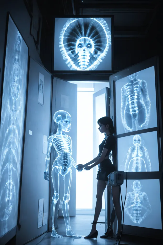 The image is a dark room with a large door in the center. On either side of the door are two large x-ray images of a human skeleton. In front of the door is a girl with short black hair and a black dress. She is holding hands with a young girl who is made of bones. The girl with black hair is looking at the girl made of bones with a look of wonder on her face.