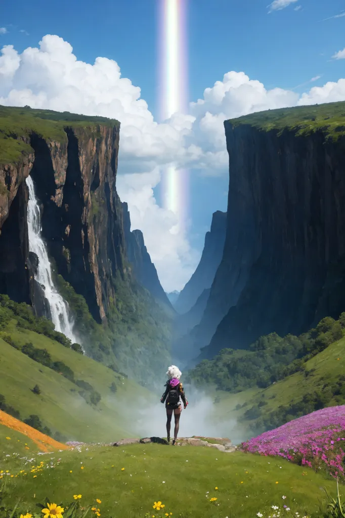 The image is of a person standing on a cliff, looking out at a vast canyon. The canyon is surrounded by tall mountains, and there is a waterfall in the distance. The sky is blue, and there is a rainbow over the canyon. The person is wearing a white shirt, black pants, and a purple backpack. They have white hair and are looking out at the view.