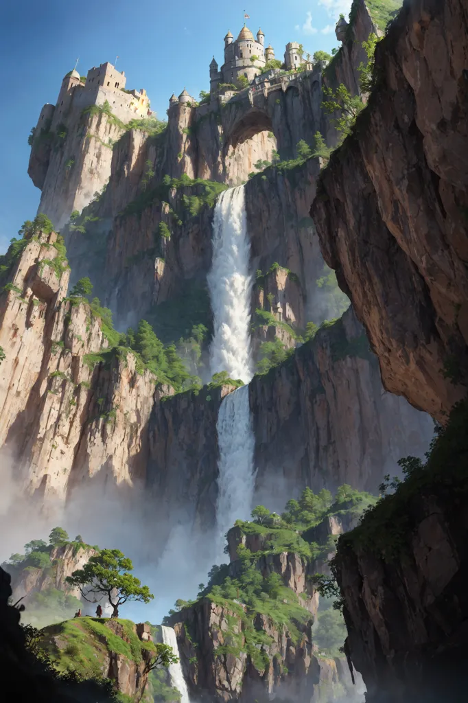 The image is a digital painting of a waterfall in a mountain valley. The waterfall is surrounded by steep cliffs and dense forests. There is a castle on top of the cliff on the right side of the image. The waterfall is in the center of the image and it is very tall. The water is white and foamy. The cliffs are gray and brown and they are covered in moss and vegetation. The trees are green and they are in full bloom. The castle is made of gray stone and it has a tall tower. The sky is blue and there are some clouds in the distance.