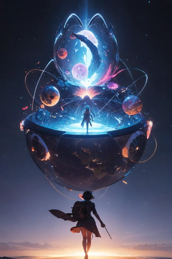 The image is of a girl standing on a platform in the middle of a large, glowing sphere. The sphere is made up of many different colors and shapes, and it is surrounded by stars and planets. The girl is wearing a long dress and she has her arms outstretched. She is looking up at the sphere with a look of wonder on her face. The image is very beautiful and it seems to depict a moment of great significance.