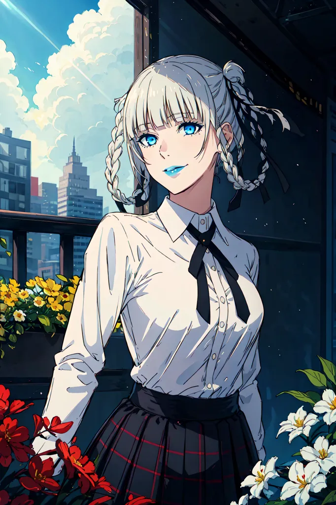 The image shows a young woman with white hair and blue eyes. She is wearing a white shirt, a black tie, and a gray skirt. She is standing on a balcony, and there are flowers in the background. The sky is blue, and there are some clouds in the distance. The woman is looking at the viewer with a slight smile on her face.