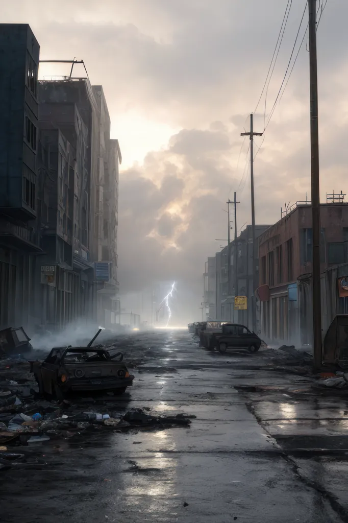 L'image montre une rue dans une ville en ruines. La rue est recouverte de décombres et de débris, et les bâtiments de chaque côté sont gravement endommagés. Le ciel est sombre et nuageux, et il y a un orage d'éclair à l'horizon. Il n'y a pas de personnes ni de voitures dans la rue, et la scène est une désolation totale.