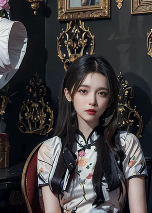 The image shows a young woman with long black hair and red lips. She is wearing a white and blue cheongsam with a floral pattern. The cheongsam is sleeveless and has a high collar. She is also wearing a pair of gold earrings. The woman is sitting in a chair in front of a dark background with golden decorations.