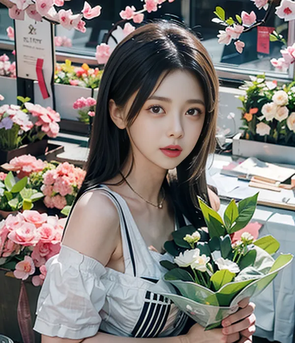 The image shows a young woman with long, dark hair. She is wearing a white off-the-shoulder top and a black necklace. She is standing in front of a flower shop, and there are flowers of various colors all around her. The woman is smiling and looking at the camera. She is holding a bouquet of white flowers.