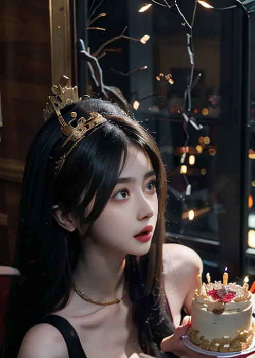 The image shows a young woman with long black hair and brown eyes. She is wearing a black dress and a gold crown. She is holding a birthday cake with one hand and is looking to the side with a surprised expression on her face. There are candles on the cake. The background is blurry and out of focus.