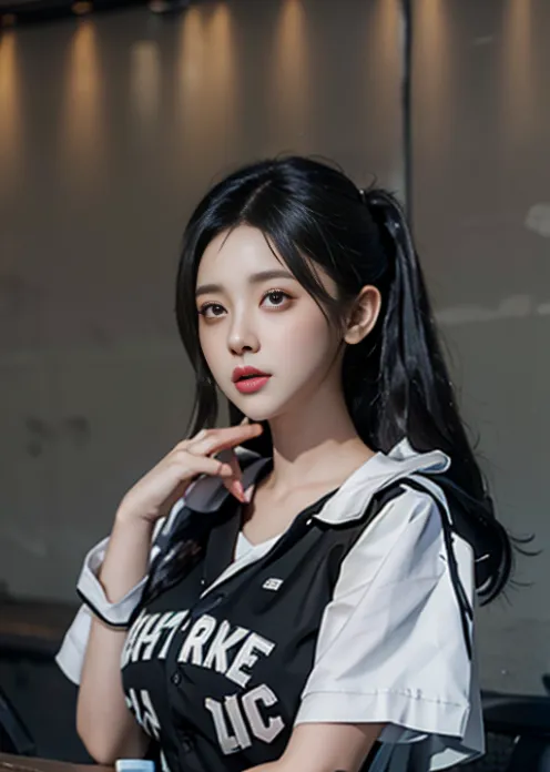 The image shows a young woman with long black hair and brown eyes. She is wearing a white and black baseball jersey with the text "THRKE" on the front. She is also wearing a white shirt underneath the jersey. The woman is sitting in a relaxed pose with her right hand on her chin and is looking at the camera with a slight smile on her face. She has a confident expression on her face. The background is blurred and consists of warm colors.