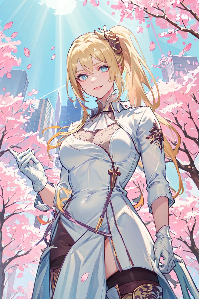 The image is a digital painting of a young woman with long blonde hair and blue eyes. She is wearing a white dress with a thigh-high slit and a pair of white gloves. She is standing in a city, with a large building in the background. The ground is covered in pink cherry blossoms. The woman is smiling and has her right hand raised in the air.