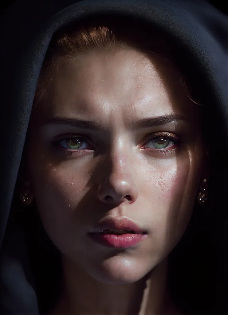 The image is a portrait of a young woman with an intense expression on her face. She is wearing a dark hood that covers her head and hair, and her eyes are narrowed and focused. Her skin is pale and flawless, and her lips are slightly parted. The background is dark, and the only light comes from a source on the left side of the frame. This light is casting shadows across her face, highlighting her cheekbones and nose. The overall effect of the image is one of mystery and intrigue. It is unclear what the woman is thinking or feeling, but it is clear that she is deep in thought. The image is both beautiful and thought-provoking, and it leaves the viewer wondering what will happen next.