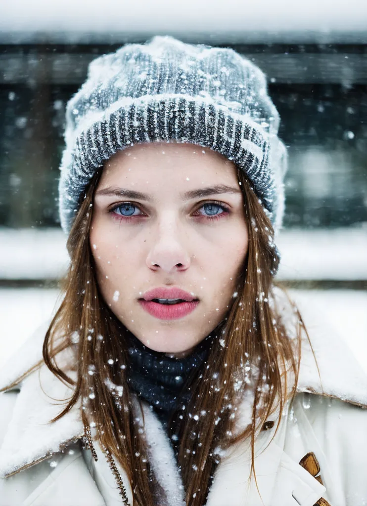 L'image montre une jeune femme portant un bonnet gris avec ses longs cheveux bruns qui en dépassent. Elle a un léger maquillage et regarde la caméra avec ses yeux bleus. Il neige et les flocons tombent sur son visage et ses cheveux. Elle porte une veste blanche avec un pull col roulé noir en dessous.