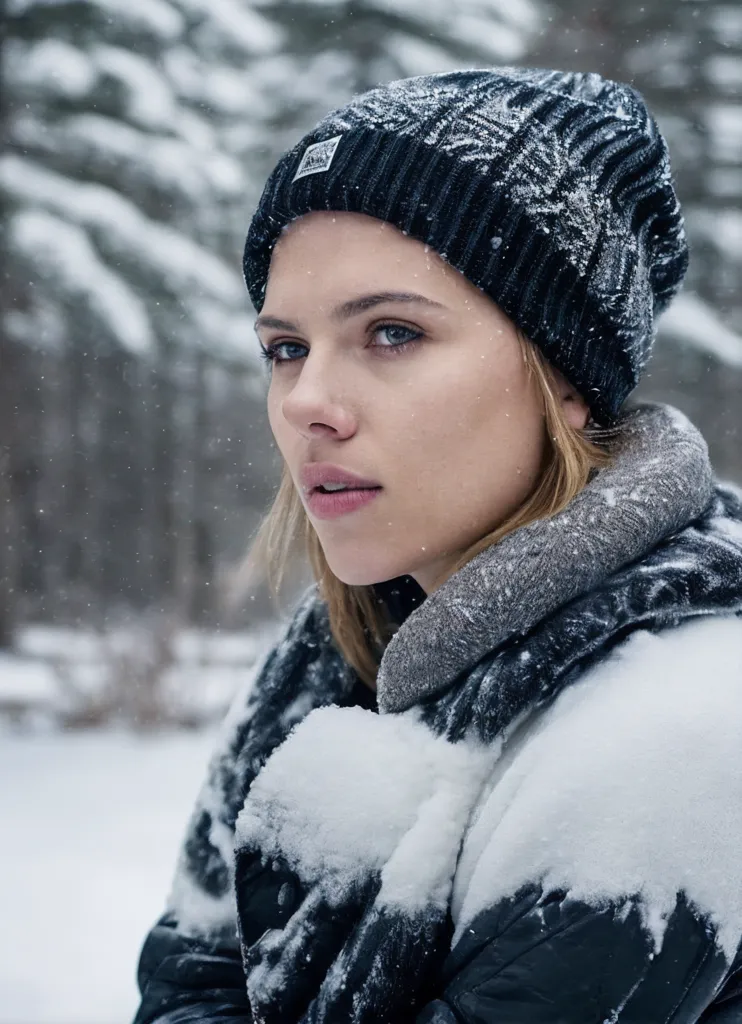 A young woman is wearing a black beanie and a gray jacket with a fur collar. She is standing in the snow and looking to the right of the frame. The background is blurry and consists of trees. The woman's face is partially covered by the beanie, but her eyes are visible. She has light brown hair. The woman's expression is serious.