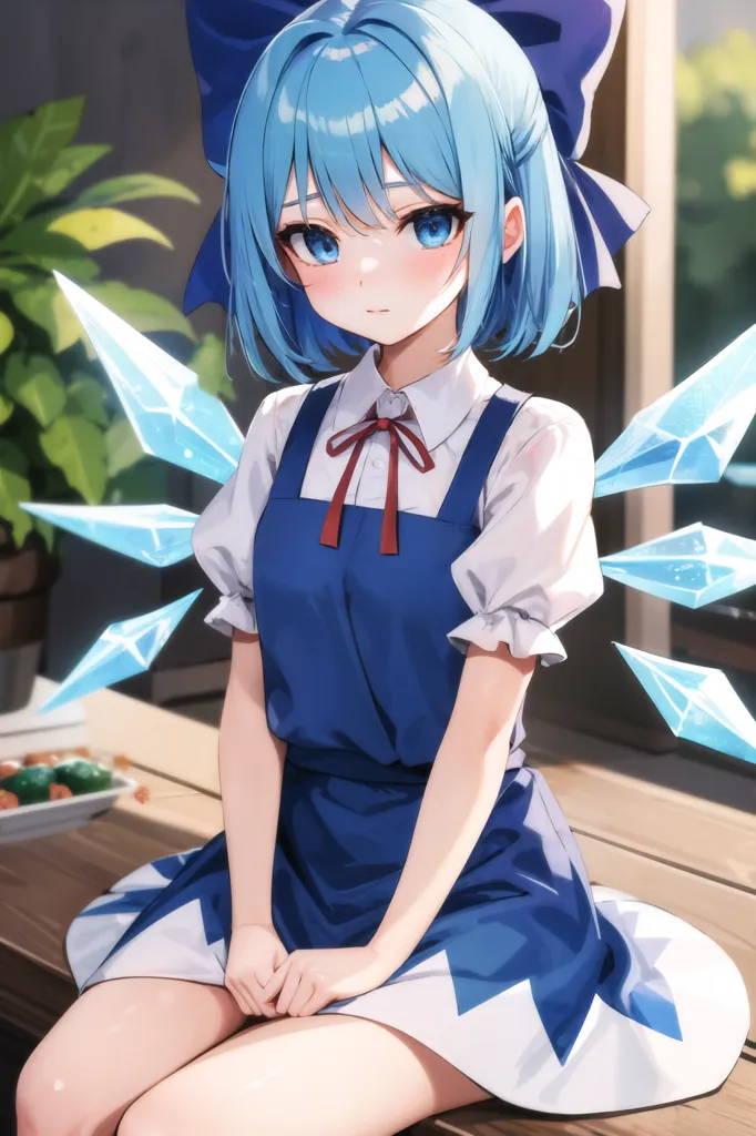 The image shows a young girl with blue hair and eyes. She is wearing a blue and white dress with a red ribbon. She is sitting on a bench in front of a window. There are plants on the windowsill. The girl is looking at the viewer with a shy expression. She has ice shards protruding from her back and shoulders like wings.