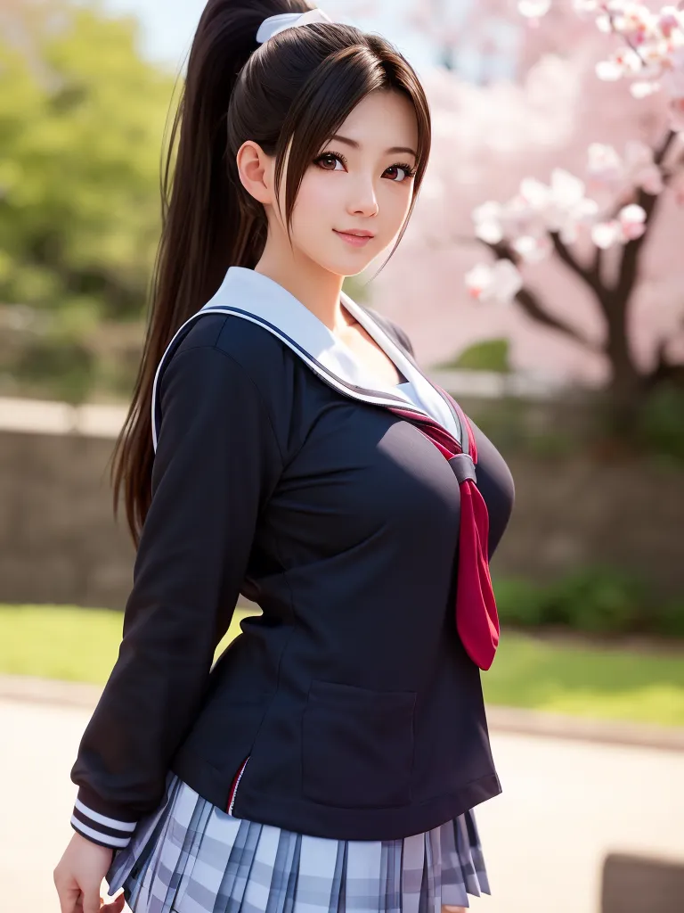 The image shows a young woman with long black hair tied in a ponytail. She is wearing a black and white sailor-style uniform with a red ribbon. The uniform has a white collar and white trim on the sleeves. She is also wearing a gray pleated skirt. She has brown eyes and is smiling. She is standing in a park with a blurred background of trees and pink flowers.