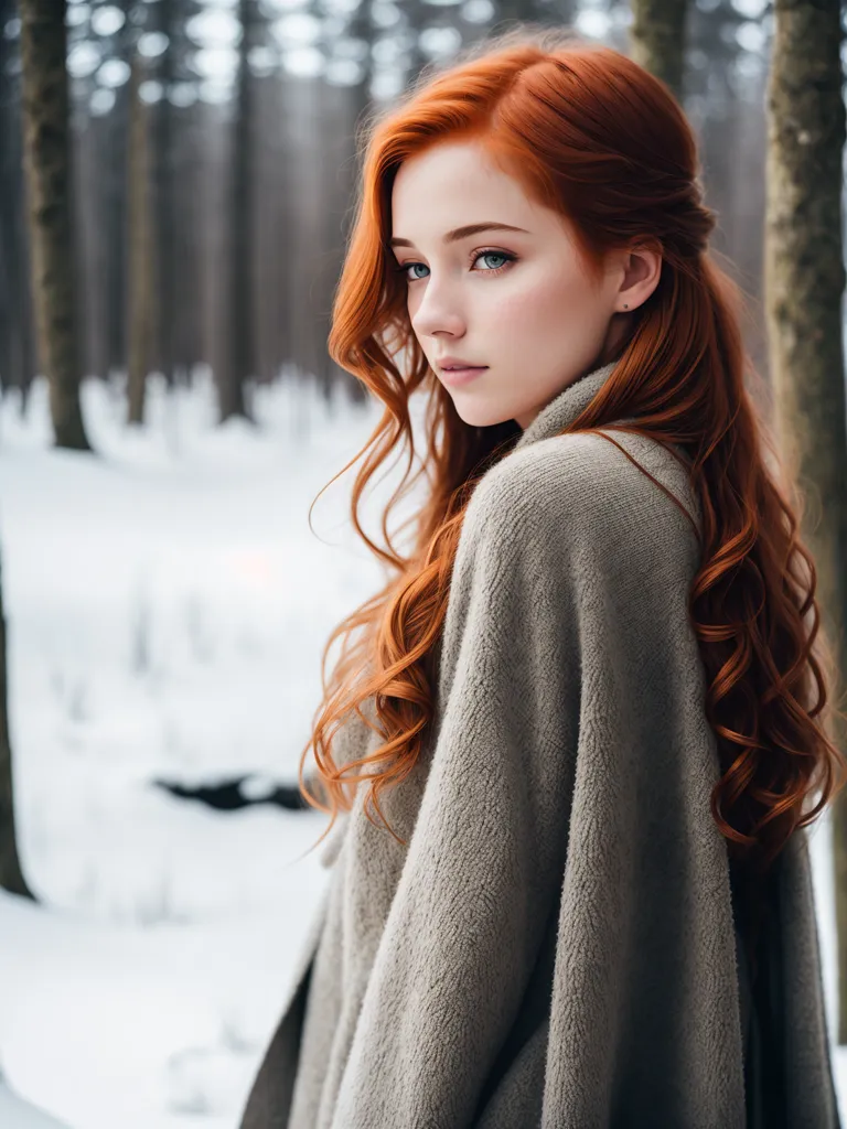 The image shows a beautiful young woman with long, wavy red hair and blue eyes. She is wearing a light brown cloak and standing in a snowy forest. The woman's expression is serene, and she seems to be enjoying the winter weather. The image is very detailed, and the woman's hair, skin, and eyes are all rendered beautifully. The background is also very well done, and the snow-covered trees create a beautiful winter scene.