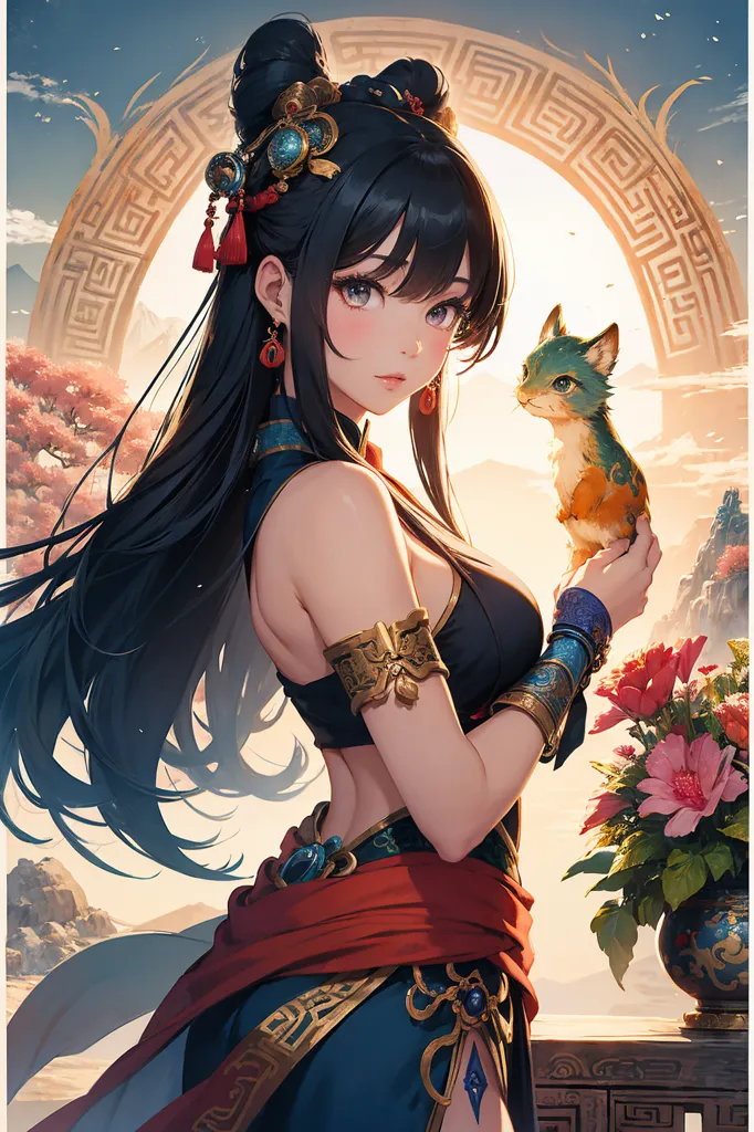 The image is a painting of a beautiful young woman with long black hair and blue eyes. She is wearing a red and blue outfit and has a small green creature in her hand. The woman is standing in front of a large vase of flowers. The background is a Chinese landscape with mountains and clouds.