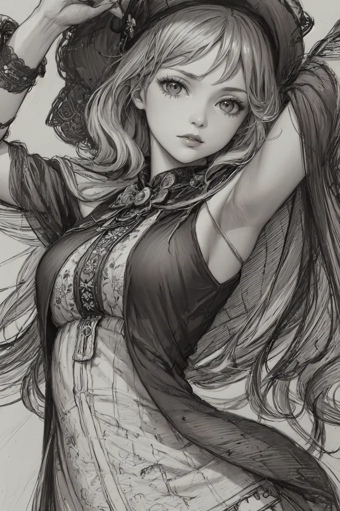 The image is a black and white sketch of a young woman. She has long, flowing hair and is wearing a traditional Chinese dress. She is looking at the viewer with a serious expression. The image is drawn in a realistic style and the artist has used shading to create depth and dimension.