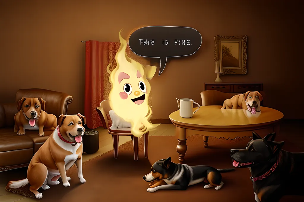 The image shows a living room with a brown armchair and couch. There is a small table between them with a white pitcher on it. There are five dogs in the room. Four of them are sitting on the couch and one is lying on the floor. A small fire elemental is sitting in the armchair and is saying \